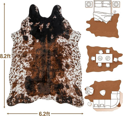 Cow Print Faux Cowhide Rug, Fluffy Fur 6.2x8.2 Feet Washable Cow Rugs for Living Room Bedroom Animal Print Hide Skin Rustic Western Décor Black and Brown