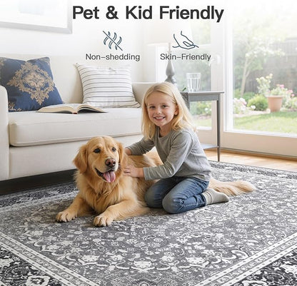 Lofus 6x9 Area Rugs for Living Room, Machine Washable Non-Slip Area Rug, Low Pile Large Rugs for Bedroom, Kitchen, Dining Room, Home Office, Vintage Oriental Print Rug, Light Grey with White