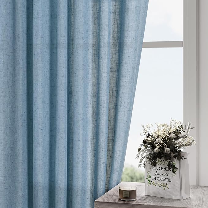 Blue Linen Curtains 96 inches Long for Bedroom Back Tab Light Filtering Privacy Sheer Curtains Modern Farmhouse Coastal Decor Dusty Blue Cotton Textured Gauze Curtain 2 Panel Set 52x96