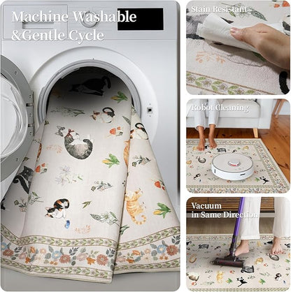 2x6 Washable Kitchen Runner Rug - Soft Low Pile Floral Animal Cat Print Rugs with Non-Slip Backing Waterproof Stain-Resistant Indoor Carpet for Hallway Entryway Bathroom Bedroom (Light Beige)