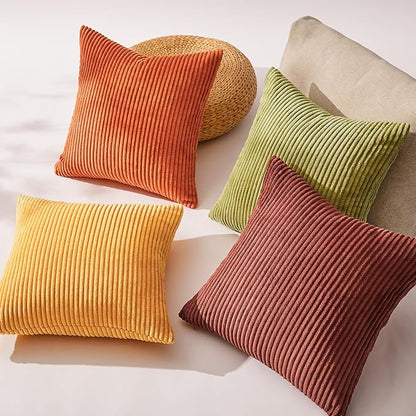 Topfinel Fall Burnt Orange Decorative Throw Pillows Covers 24x24 Inch Set of 4,Yellow Green Gradient Series Corduroy Striped Square Pillow Case,Western Modern Cushion Cover for Couch Sofa Bedroom