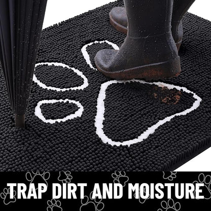 Smiry Dog Door Mat for Muddy Paws, Absorbent Dirt Trapper Non Slip Quick Dry Washable Chenille Mat for Mud Dogs, Entry Rug for Indoor and Outdoor (54x24 Inches, Black and White)