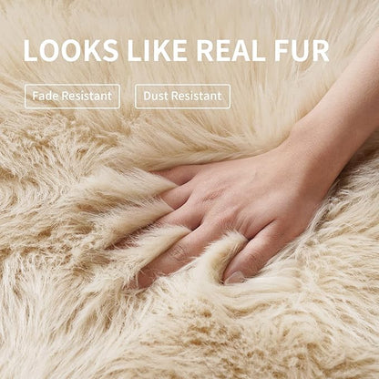 Small Faux Fur Sheepskin Rug 2x4 ft Ultra Soft Chair Sofa Cover Seat Pad, Beige Fluffy Shag Rugs for Bedroom Nursery Kids Room, Luxury Shaggy Rug Fuzzy Plush Floor Carpets