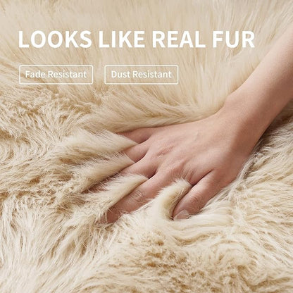 Fluffy Round Rug for Kids Room Beige Circle Faux Fur Area Rug for Bedroom, 4x4 Fuzzy Shag Rugs Furry Nursery Rug Teepee Mat, Circular Plush Floor Carpet