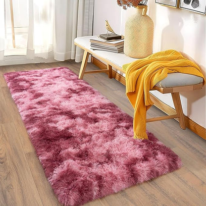 Soft Runner Rugs for Bedroom Hallways, 2x6 Tie-Dyed Blush Pink Fluffy Shag Throw Area Rug Non Slip for Bedside Dorm, Long Shaggy Furry Carpet for Nursery Living Room