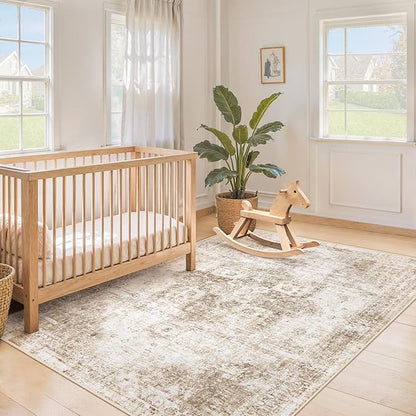 Area Rug 4x6 Washable Rug, Vintage Boho Medallion Rugs Non-Slip Soft Low Pile Distressed Rug Indoor Retro Carpet for Living Room Bedroom Dining Room Home Office (Brown, 4'x6')