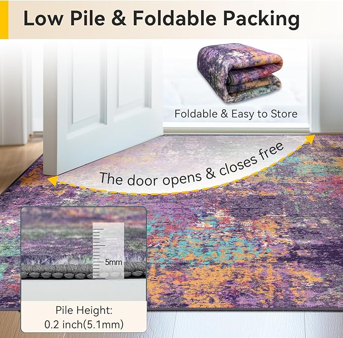Washable Area Rugs 8'x10' Non-Slip Modern Abstract Soft for Living Room Entryway Bedroom Nursery, Print Pattern, Purple Orange Blue Green Rust Red Colorful