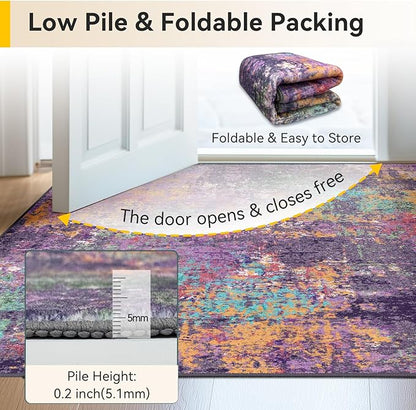 Washable Area Rugs Square 8ft Non-Slip Modern Abstract Soft for Living Room Entryway Bedroom Nursery, Print Pattern, Purple Orange Blue Green Rust Red Colorful