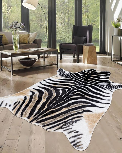 Zebra Print Rug for Living Room, Faux Fur Zebra Hide 5.2x7 Feet Animal Skin Rug for Bedroom Nursery Black and White