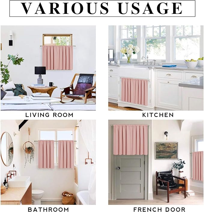 RYB HOME Blackout French Door Window Curtain Covering, Rod Pocket Thermal Insulated Privacy Non See Through Drapes for Bathroom Window, Width 29 by Length 45, Peach Blush, 2 Panels