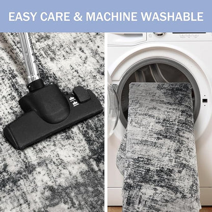 IOHOUZE Abstract Runner Rug 2x5 Ft Washable Runners for Hallways, Non Slip Kitchen Runner Printed Faux Wool Entryway Runner Indoor, Modern Abstract Floor Carpet for Hall Kitchen Bedroom, Black Grey