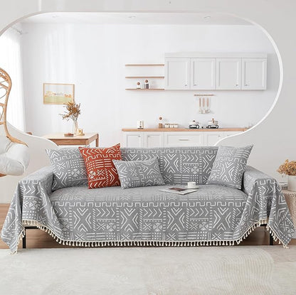 HANDONTIME Bohemian Grey and White Couch Cover for Dogs Aztec Tribal Sofa Covers for 3 Cushion Couch Aesthetic Tassel Couch Slipcover Sofa Seat Cover Universal Loverseat Cover Futon Cover, 71" X150"
