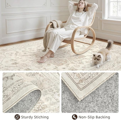 Area Rugs 9x12 Living Room: Vintage Boho Neutral Washable Rug Indoor Soft Large Area Rug Carpet for Bedroom Nursery Farmhouse Dining Room Office Floor Non-Slip Low Pile Under Table Rug Beige White