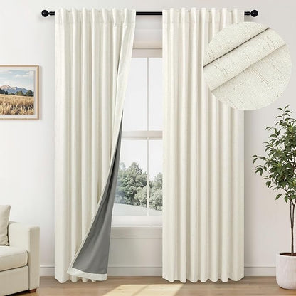 Room Darkening Curtains 63 Inches Long Small Bay Window Dining Room Curtains Boho Soft Cotton Linen Textured Insulated Back Tab Pocket Pleated Blackout Drapes Cream Ivory 52 x 63 Inch Length 2 Panels