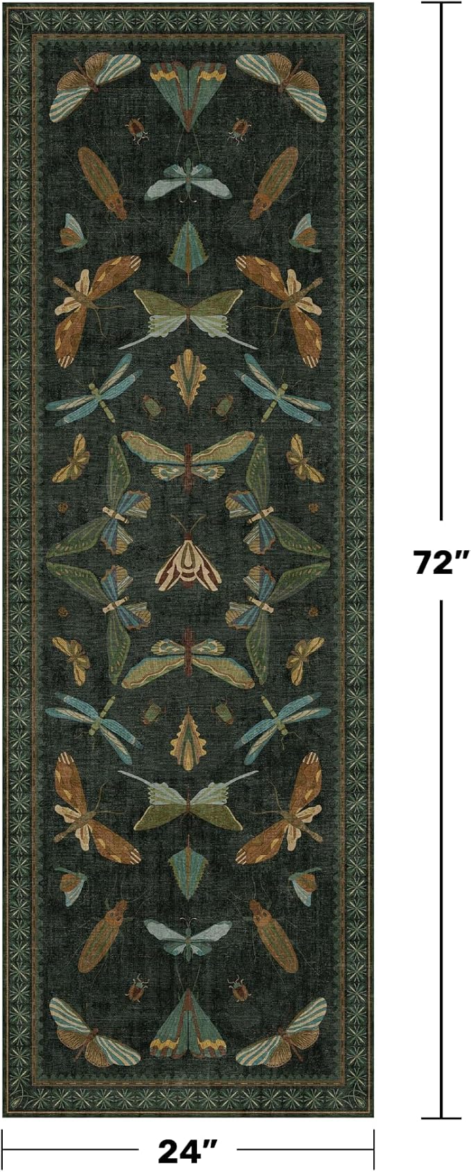 Hazo Haus Washable Insect 2x6 Runner Rug for Hallway- Stain Resistant Kitchen Runners, Floral Whimsical Indoor Floor Mat for Bathroom, Soft Non Slip with Rubber Backed, Dark Green