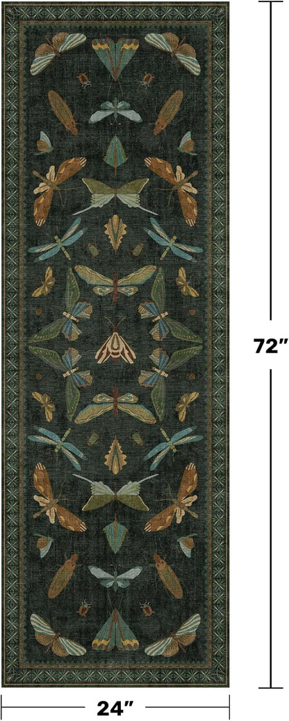 Hazo Haus Washable Insect 2x6 Runner Rug for Hallway- Stain Resistant Kitchen Runners, Floral Whimsical Indoor Floor Mat for Bathroom, Soft Non Slip with Rubber Backed, Dark Green
