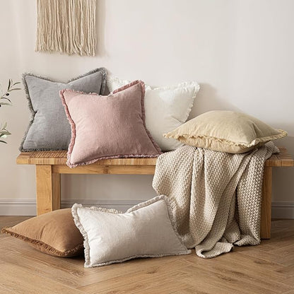 MIULEE Valentines Decorative Throw Pillow Covers Neutral Linen Fringe Throw Pillows Set of 2 Pink Boho Farmhouse Cushion Covers with Tassels for Couch Sofa Bed Living Room Spring Decor 18x18 Inch