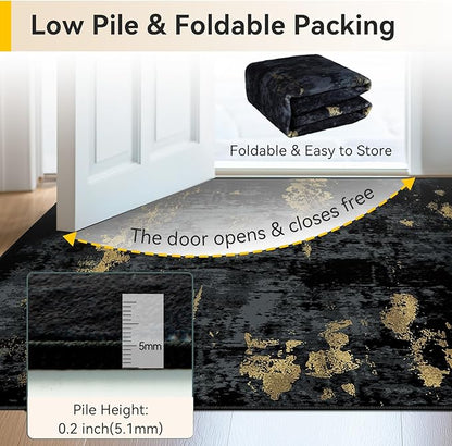 Washable Area Rugs 9'x12' Non-Slip Modern Abstract Soft for Living Room Entryway Bedroom Nursery, Print Pattern, Dark Black Gold