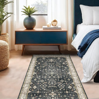 Boho Washable 4x6 Entryway Rug - Non-Slip Low Pile Geometric Area Rug for Living Room, Large Kitchen, Bedroom, Office - Ultra Soft Dark Modern Aesthetic Decor, Black & Multi