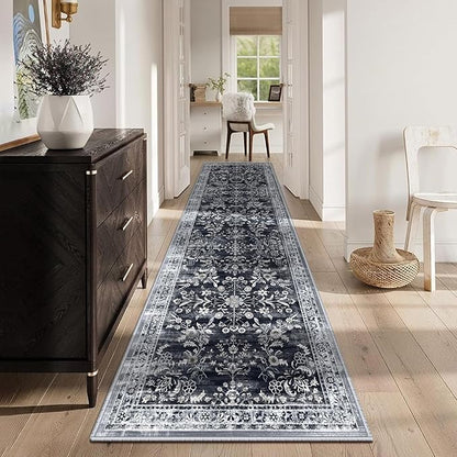 Yamaziot Washable Runner Rug 2x12 – Non Slip Boho Floral Hallway Runner Rug with Rubber Backing, Low Pile Faux Wool Distressed Carpet for Kitchen, Laundry, Bedroom, Entrance, Navy/Black