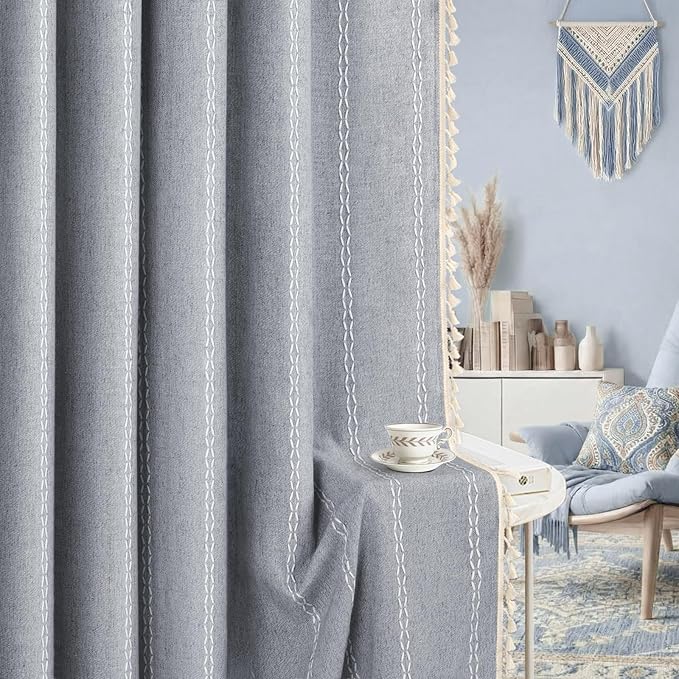 Blue Boho Blackout Curtains 2 Panels 84 Inch for Living Room Bedroom, Linen Texture Farmhouse Curtains with Tassels and White Cotton Embroidery Vintage Rustic Country Western