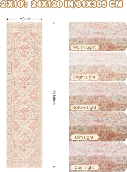Runner Rug 2x10, Ultra-Thin Kitchen Rugs Non Slip Washable Rugs for Entryway Rug, Kitchen Runner Low Pile Vintage Soft Carpets for Living Room, Bathroom Bedroom (Pink,2'x10')