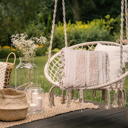 Decorative Boho-Chic Square Pillow Cover 18x18 Handwoven Tufted Braided Cotton Accent Pillows, Neutral Throw Cushion for Couch, Sofa or Bed, Farmhouse & Bohemian Home Decor, Trendy USA Design