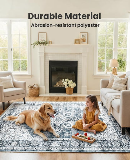 AMADA HOMEFURNISHING 5x7 Area Rugs, Washable Living Room Rug Low-Profile with Non-Slip Backing & Durable Edge Binding, Vintage 5x7 Rugs for Living Room, Bedroom, Dinning Room