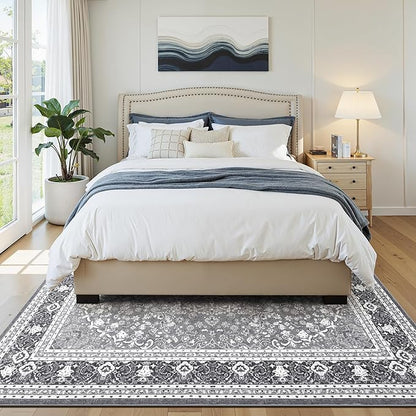 Lofus 5x7 Area Rugs for Living Room, Machine Washable Non-Slip Area Rug, Low Pile Large Rugs for Bedroom, Kitchen, Dining Room, Home Office, Vintage Oriental Print Rug, Light Grey with White