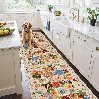 Rug for Hallways Kitchen Rug 2'6" x 14', Non Slip Washable Rugs with Rubber Backing Soft Floral Carpet Runner for Hallways, Kitchen, Laundry, Bedroom, Bathroom(2.6 x 14, Beige Garden)