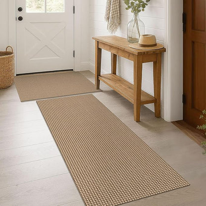 KOZYFLY Area Rug Runner Sets of 2 Pcs 2x3 and 2x6 Washable Kitchen Rugs Non Slip Rubber Backed Hallway Rug Woven Cotton Entrance Rugs for Front Porch Bathroom Kitchen Bedroom, Tan/Orange/Brown