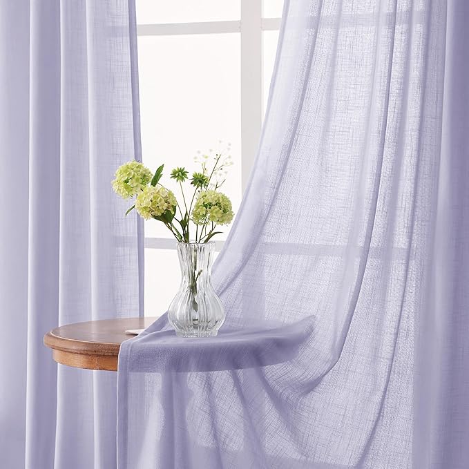 Lavender Back Tab Linen Curtains 102 Inches Length for Bedroom Living Room Semi Sheer Privacy Light Filtering Drapes Farmhouse Boho Texture Window Treatment Sets Violet Purple 52ﾗ102