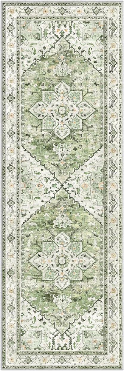 Yamaziot Washable Runner Rug, 2x6 Non-Slip Boho Vintage Hallway Rug Runner with Rubber Backing, Stain Resistant & Low Pile Faux Wool Distressed Carpet Runner for Kitchen, Laundry, Entrance