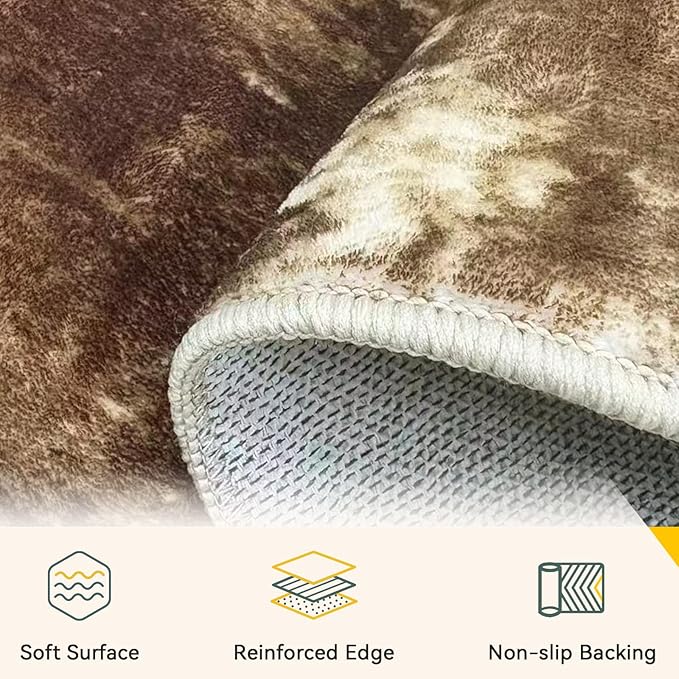 Washable Area Rugs Square 8ft Non-Slip Modern Abstract Soft for Living Room Entryway Bedroom Nursery, Print Pattern, Brown Tan Beige Coffee