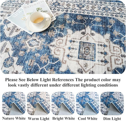 Washable 4x8 Hallway Runner Rug: Vintage 8ft Soft Runners for Entry Kitchen Wide Low Pile Carpet with Non-Slip Backing for Living Room Bedroom Thin Bathroom Carpet for Dining Room Foyer（4x8,Blue