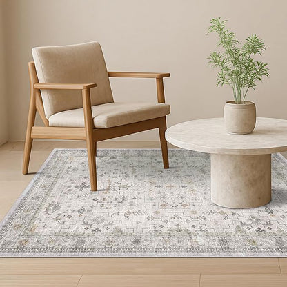 Hazo Haus Boho 4x6 Living Room Rug - Light Grey Modern Vintage Eclectic Floral Pastel Neutral Taupe, Washable Low Pile Non-Slip Area Rugs for Kitchen, Mudroom, Bedroom Beside Bed, Office