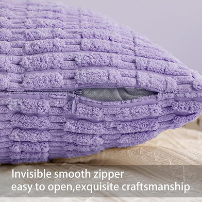 Pack of 2 Corduroy Decorative Throw Pillow Covers 18x18 Inch Soft Striped Pillow Covers Modern Farmhouse Home Decor for Sofa Living Room Couch Bed（Purple）