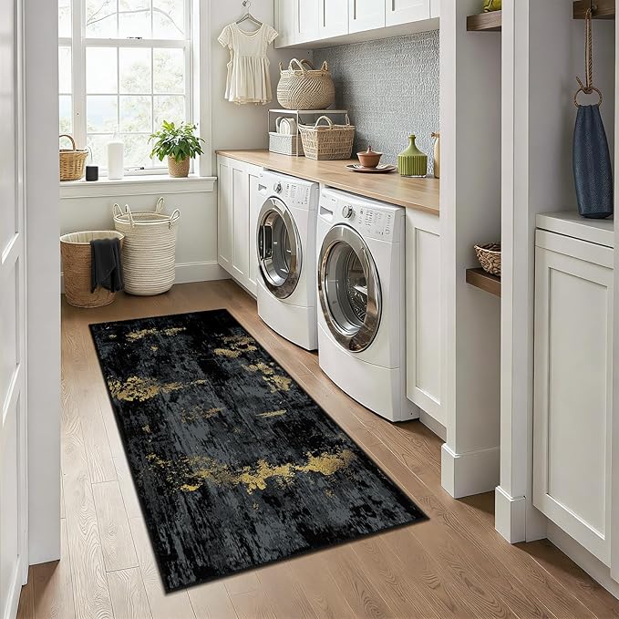 Washable Area Rugs 3x6 Non-Slip Modern Abstract Soft for Living Room Entryway Bedroom Nursery, Print Pattern, Dark Black Gold