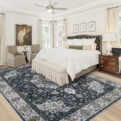 Area Rug 8x10 Washable Rug, Vintage Boho Medallion Rugs Non-Slip Soft Low Pile Large Distressed Rug Indoor Retro Carpet for Living Room Bedroom Dining Room Home Office (Vintage Black, 8'x10')