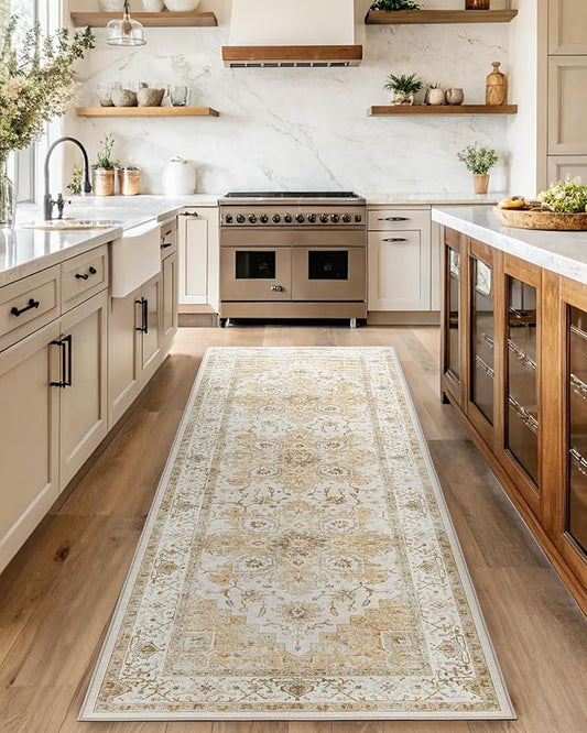 AMADA HOMEFURNISHING 2'6"x8' Washable Area Rug, Low-Profile Entryway Rug with Non-Slip Backing & Durable Edge Binding, Vintage Rug Pattern, Small Rugs for Entryway, Kitchen & Living Room