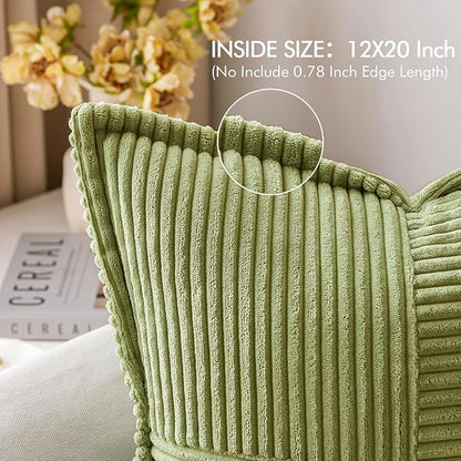 MIULEE Spring Decorative Lumbar Throw Pillow Covers for Couch Bed Livingroom 12x20 Inch Set of 2 Green Boho Accent Throw Pllows Broadside Striped Patchwork Soft Corduroy Summer Pillowcases