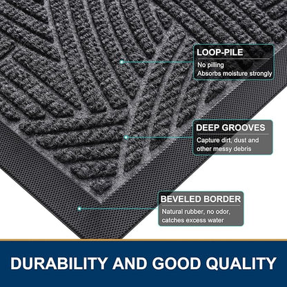 Smiry Front Door Mat Outside Entrance, Heavy Duty Sturdy Natural Rubber Doormat, Trap Dirt and Moisture, Easy Clean Low Profile Mats for Indoor Outdoor Entry, Interwoven Stripes 29.5x17, Grey