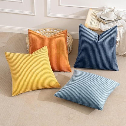 MIULEE Pack of 4 Blue-Orange Corduroy Decorative Throw Pillow Covers 18x18 Inch Soft Boho Striped Pillow Covers Modern Farmhouse Home Decor for Summer Sofa Living Room Couch Bed