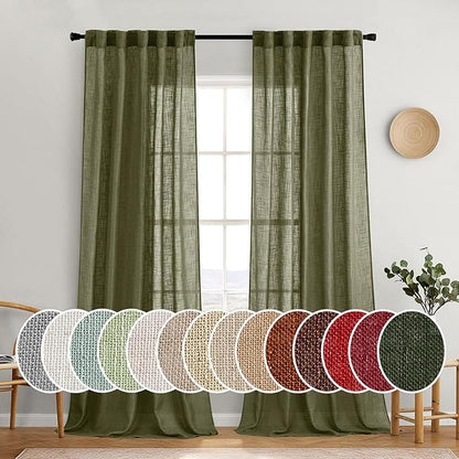 MIULEE Light Olive Green Linen Curtains 90 Inch Long 2 Panels for Bedroom Living Room, Soft Linen Textured Natural Window Drapes Semi Sheer Light Filtering Back Tab Rod Pocket Burlap Look Decor