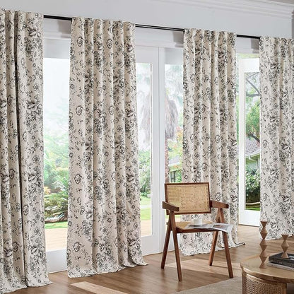 jinchan Blackout Floral Curtains for Living Room Bedroom Linen Blend Curtain Farmhouse Black Printed with Lined Back Tab Rod Pocket Drapes Window Treatments 2 Panels 84 Inch