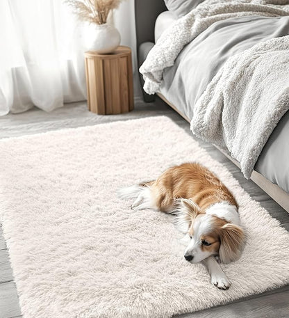 OLANLY 4x4 Machine Washable Accent Rug, Soft Fluffy Shaggy Area Rug for Bedroom, Living Room, Indoor Floor Carpet for Kids, Nursery, Home Decor, Ivory