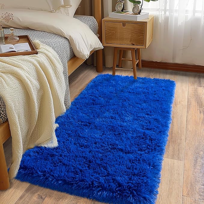 Soft Runner Rugs for Bedroom Hallways, 2x4 Royal Blue Fluffy Shag Throw Area Rug Non Slip for Bedside Dorm, Long Shaggy Furry Carpet for Nursery Living Room