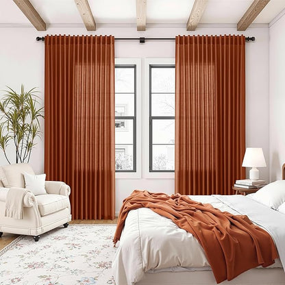 Nanspring Extra Wide Linen Curtains for Living Room 90 Inches Long Terracotta Light Filtering Semi Sheer Boho Farmhouse Curtain for Bedroom Office Luxury Back Tab and Rod Pocket 100x90, 2 Panels