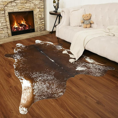 AROGAN Western Decor Faux Fur Cowhide Rug, 4.6×5.2 Feet Premium Animal Skin Cow Hide Rug, Sturdy Cow Print Rugs for Wall Decor, Western Floor Carpet for Bedroom Living Room, Spotted Brown