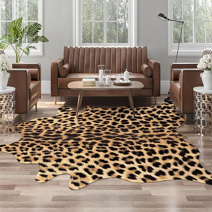 AROGAN Premium Leopard Print Rug 5.2x6.2 Feet, Machine Washable Faux Fur Cheetah Rug, Non-Slip Animal Print Hide Leopard Skin Area Rug for Bedroom Living Room Home Decor